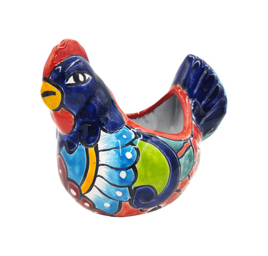Mexican Talavera Gallina Chica (Small Chicken) Mexican Planter Pot Hand Painted Décor Hen Planter - Red Trim